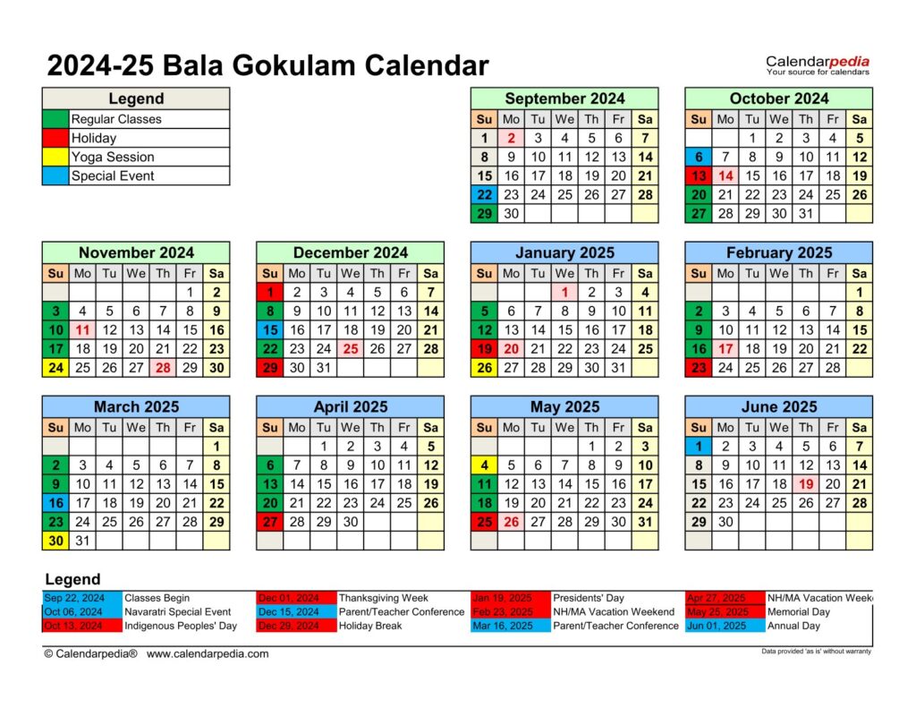 Bala Gokulam 2024-25 Calendar